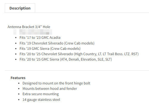 Antenna Mounting Bracket for Chevrolet Trucks 2019-2025 Silverado 2019-2025 GMC Sierra 2017 - 2023 GMC Acadia Alberta Radio Supply