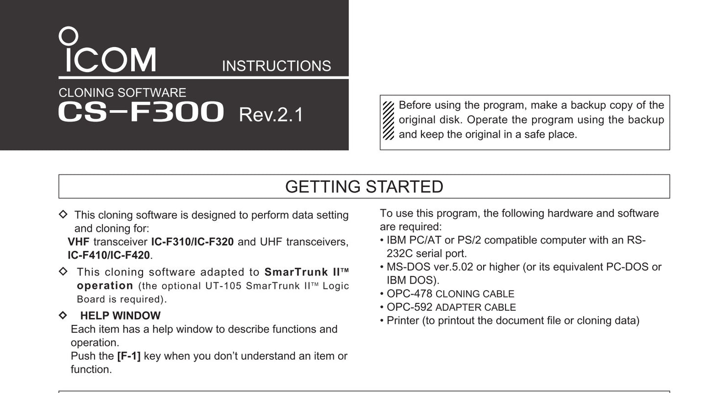 ICOM Radio Programming Software CS-F300/S V2.1 MS-DOS - Digital Download Alberta Radio Supply