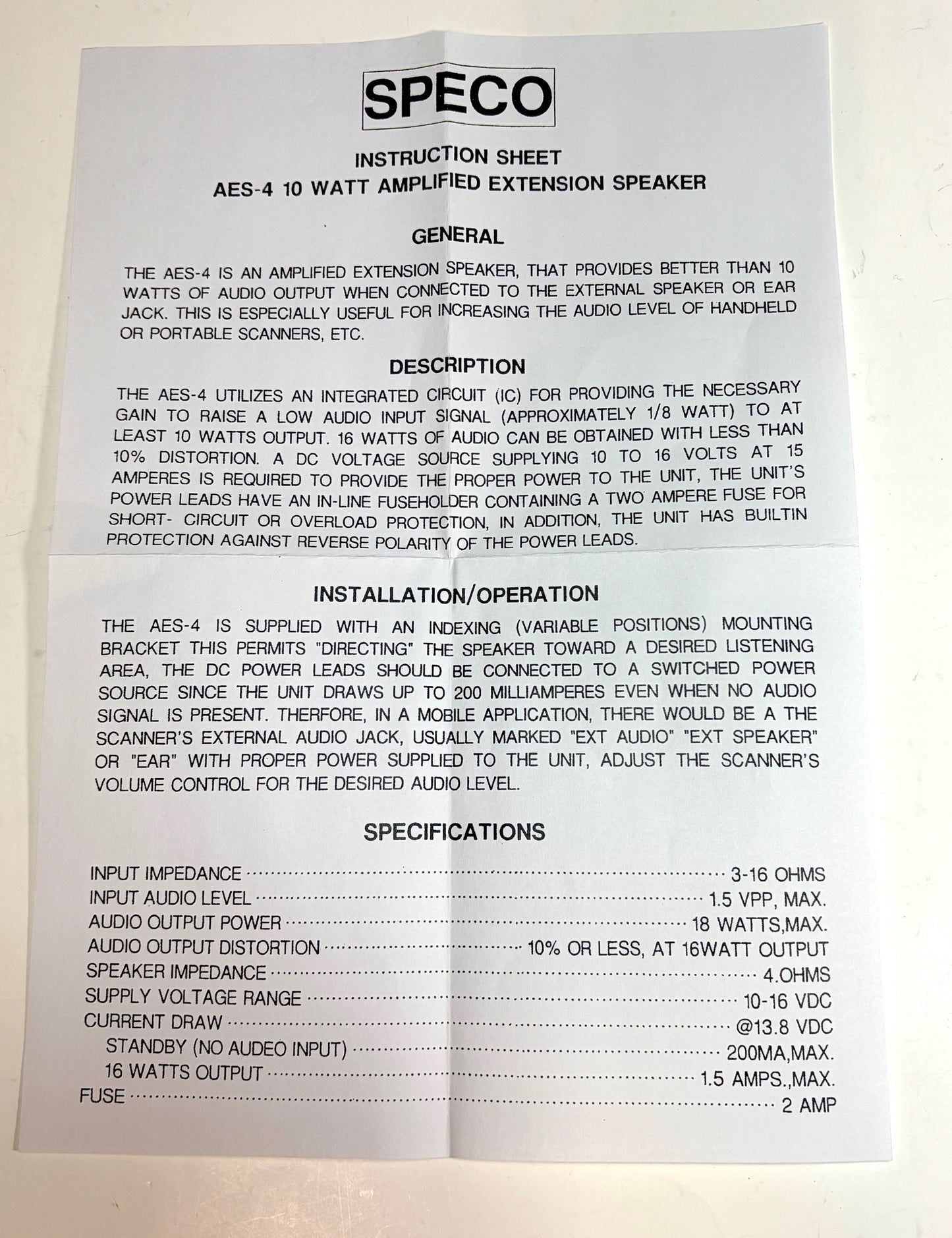 SPECO AES4 AMPLIFIED EXTENSION SPEAKER