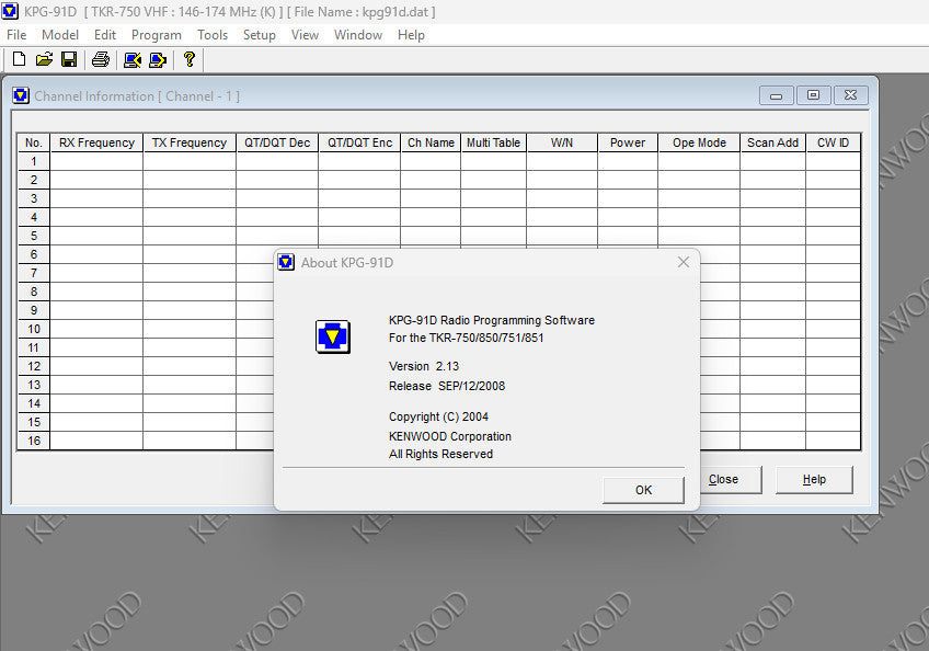Kenwood Radio Programming Software - KPG-91D TKR750 TKR850 TKR751 TKR851 V2.13 Digital Download