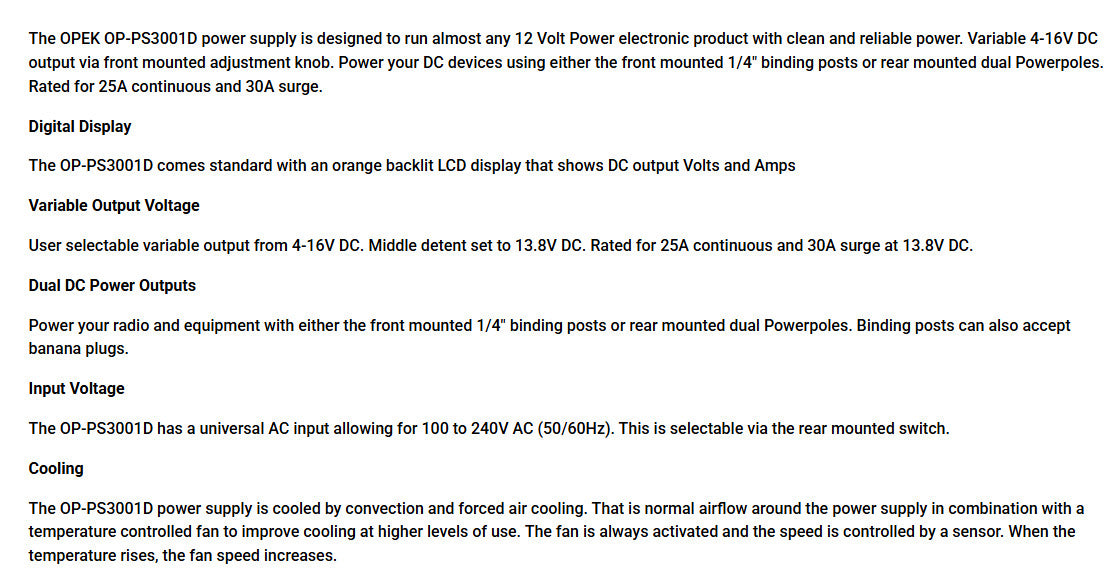 OPEK OP-PS3001D 12V 30AMP DC Power Supply Variable Output Alberta Radio Supply