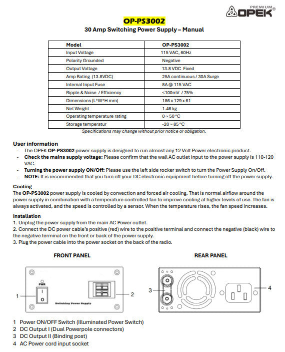 OPEK OP-PS3002 12V 30AMP DC Power Supply Alberta Radio Supply