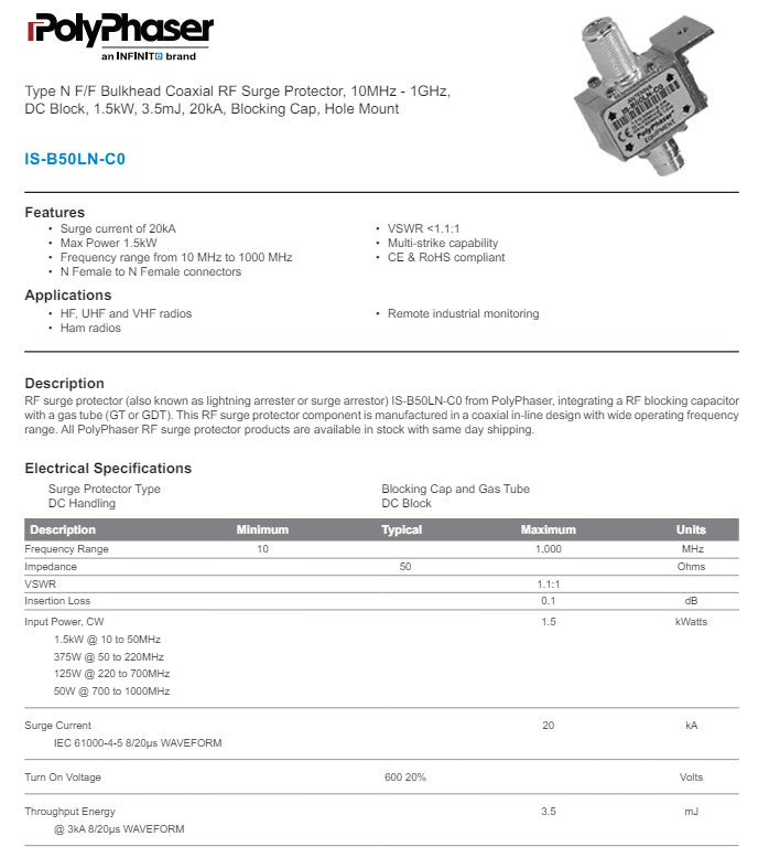 Polyphaser 900001 Coaxial Lightning Arrestor IS-B50LN-C0
