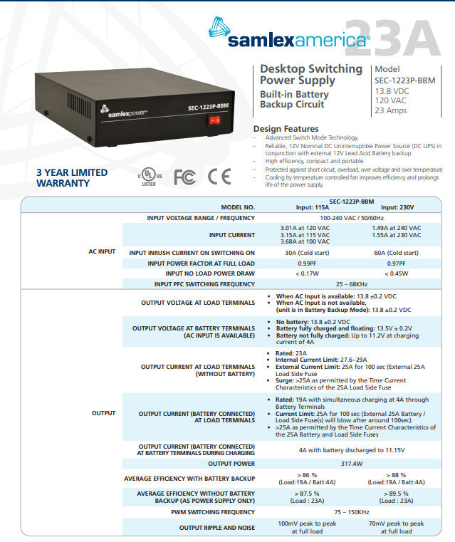 Samlex SEC-1223PBBM 12V 23AMP DC Power Supply with Battery Backup Option