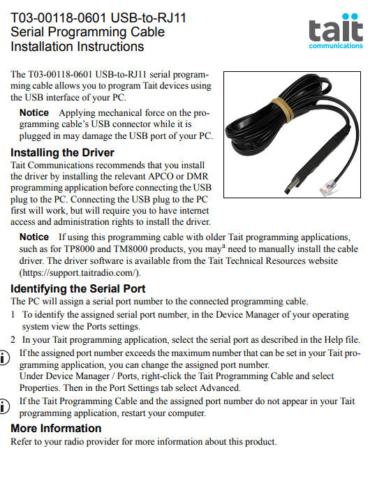 TAIT T03-00118-0601 USB Programming Cable RJ-11