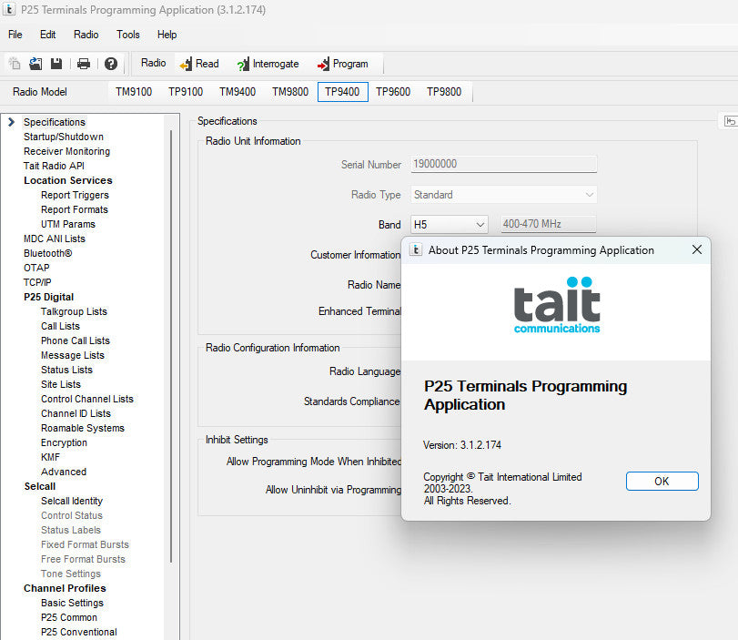 Tait Programming Software - TM9100 TP9100 TM9400 TM9800 TP9400 TP9600 TP9800 TP9900 P25