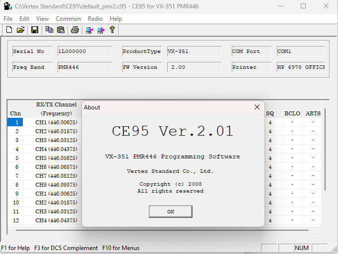 Vertex Programming Software CE-95 V2.01 VX351 PMR446