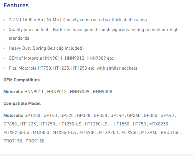 Replacement Battery for Motorola CP200 Portable