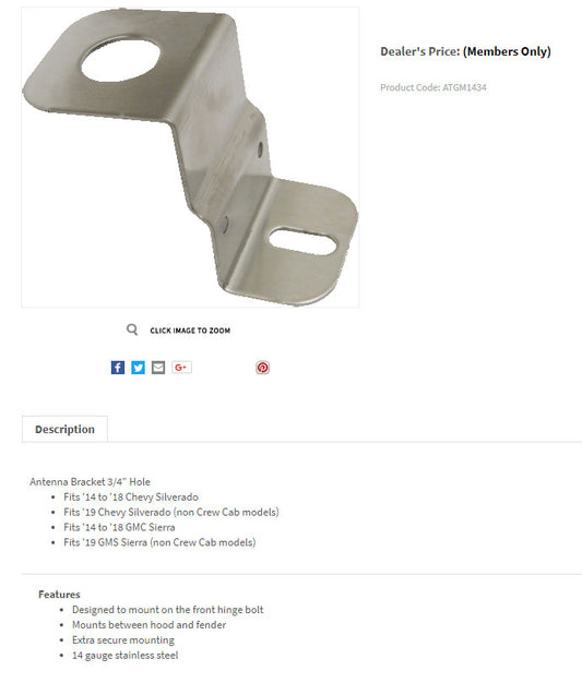 Antenna Mounting Bracket for Chevrolet Silverado 2015-2018 GMC Sierra NMO Mount Alberta Radio Supply