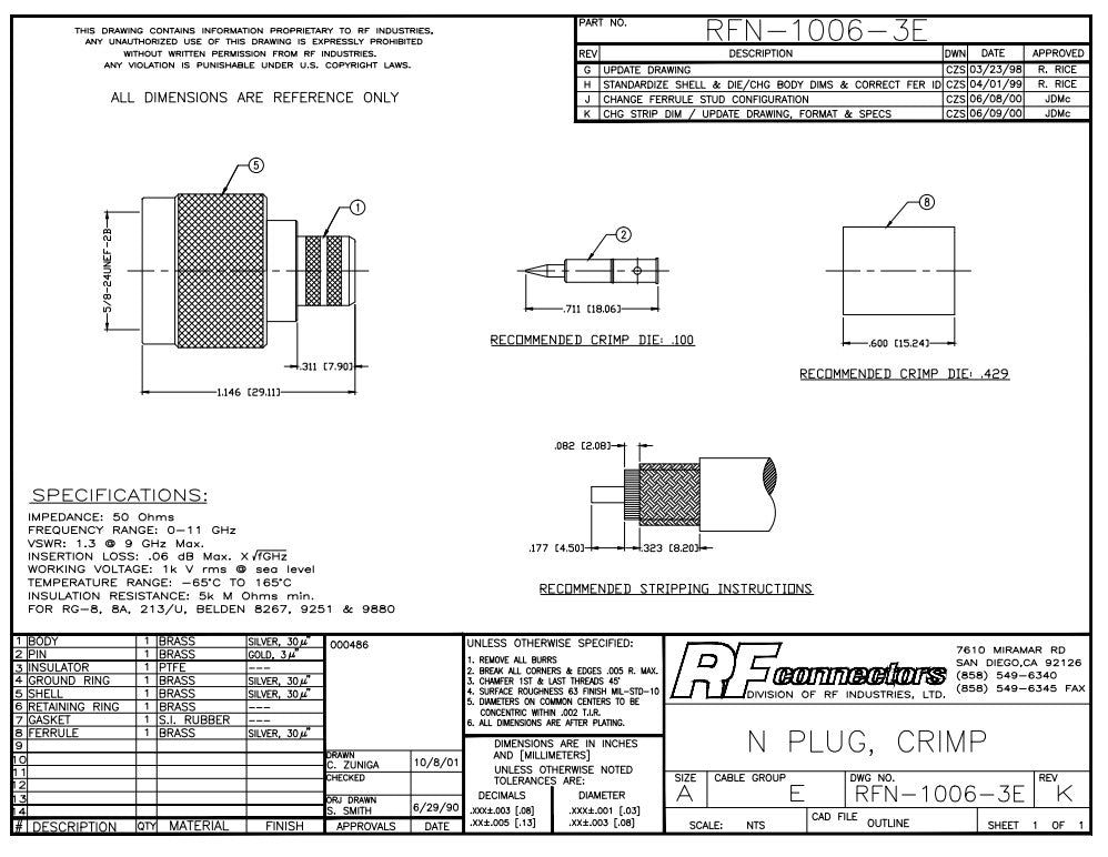 N Male Crimp Connector for RG-8 RG-213