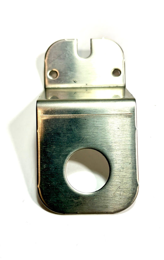 Metal bracket with a circular hole on a white background Alberta Radio Supply