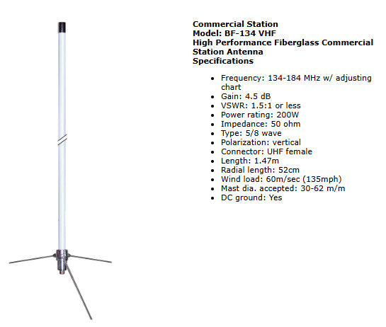 TRAN-MAX BF-134 VHF Base Station Antenna Fiberglass