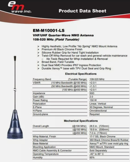 EMWAVE EM-M10001-LS  VHF/UHF 1/4 Wave Antenna BLACK Alberta Radio Supply