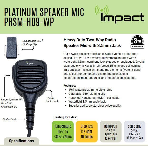 IMPACT HD Lapel Mic - KENWOOD  PRSM-HD9-WP K1 TK-2102 TK2130 NX220 NX-1202 NX1302 NX240