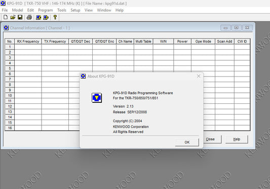 Kenwood Radio Programming Software - KPG-91D TKR750 TKR850 TKR751 TKR851 V2.13 Digital Download