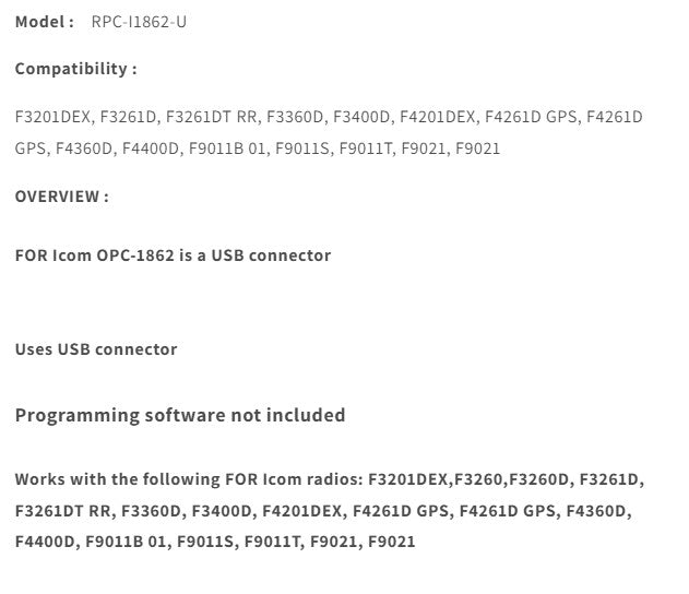 USB Programming Cable for Icom Portables  OPC-1862 Compatible