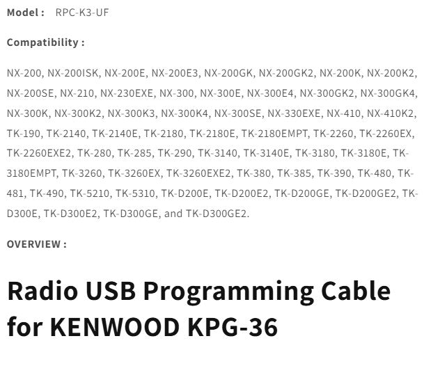 USB Programming Cable for Kenwood Portable Radios - KPG-36 Compatible FTDI