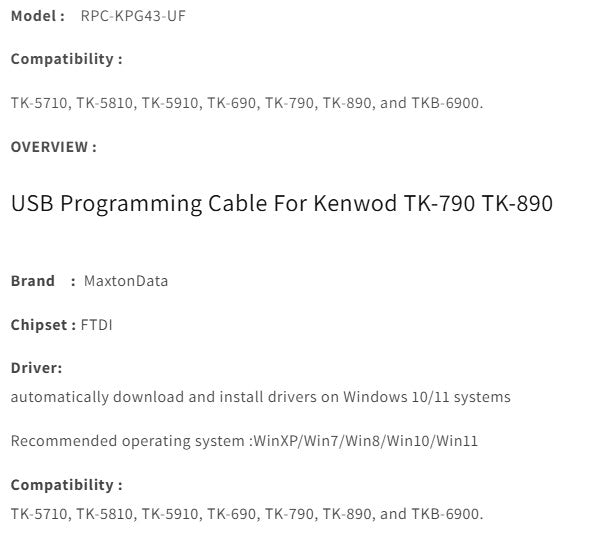 USB Programming Cable for Kenwood Mobile Radios - KPG-43 FTDI  TK-790 TK-890 TK-5710