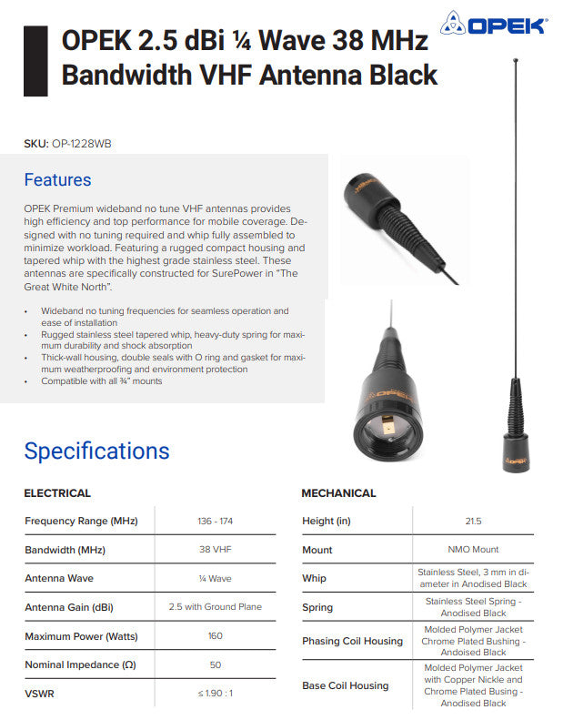 OPEK OP-1228WB Wideband 1/4 Wave VHF Antenna NMO Mount with spring BLACK