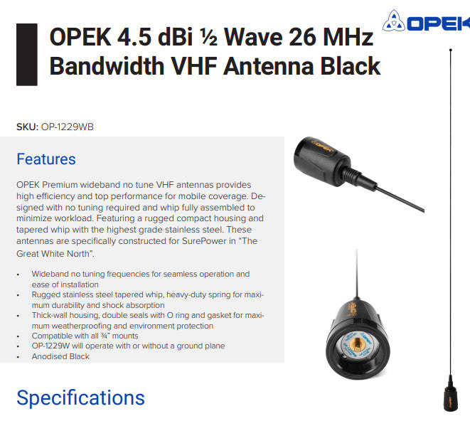 OPEK OP-1229WB Wideband 1/2 Wave VHF Antenna NMO Mount BLACK