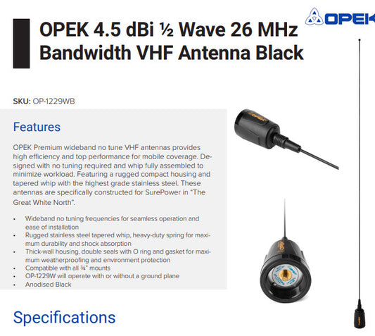 OPEK OP-1229WB Wideband 1/2 Wave VHF Antenna NMO Mount BLACK