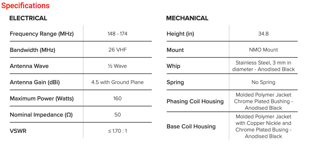 OPEK OP-1229WB Wideband 1/2 Wave VHF Antenna NMO Mount BLACK