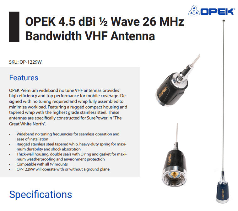 OPEK OP-1229W Wideband 1/2 Wave VHF Antenna NMO Mount CHROME