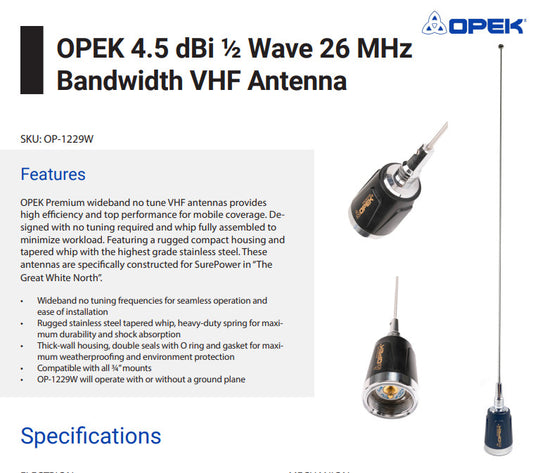 OPEK OP-1229W Wideband 1/2 Wave VHF Antenna NMO Mount CHROME