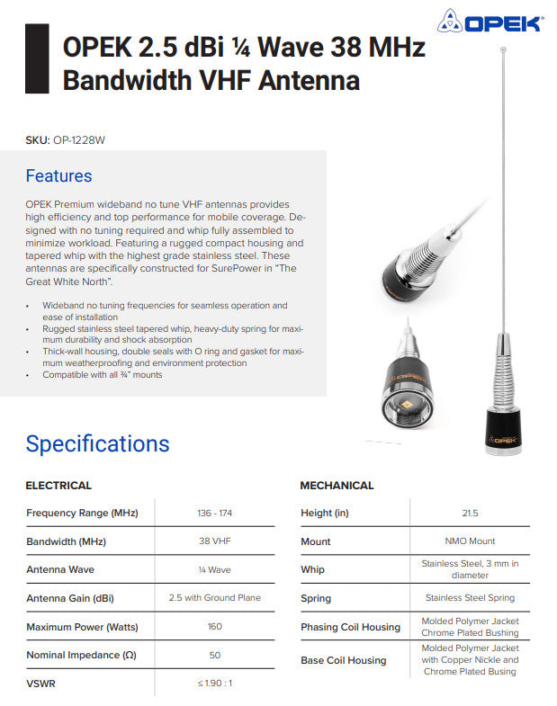OPEK OP-1228W Wideband 1/4 Wave VHF Antenna NMO Mount with spring