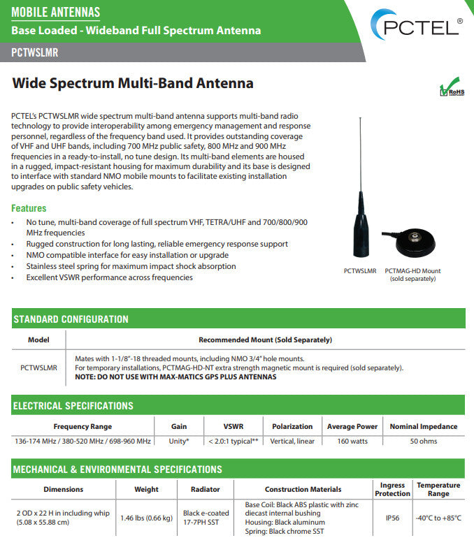PCTEL PCTWSLMR Wideband Full Spectrum Antenna