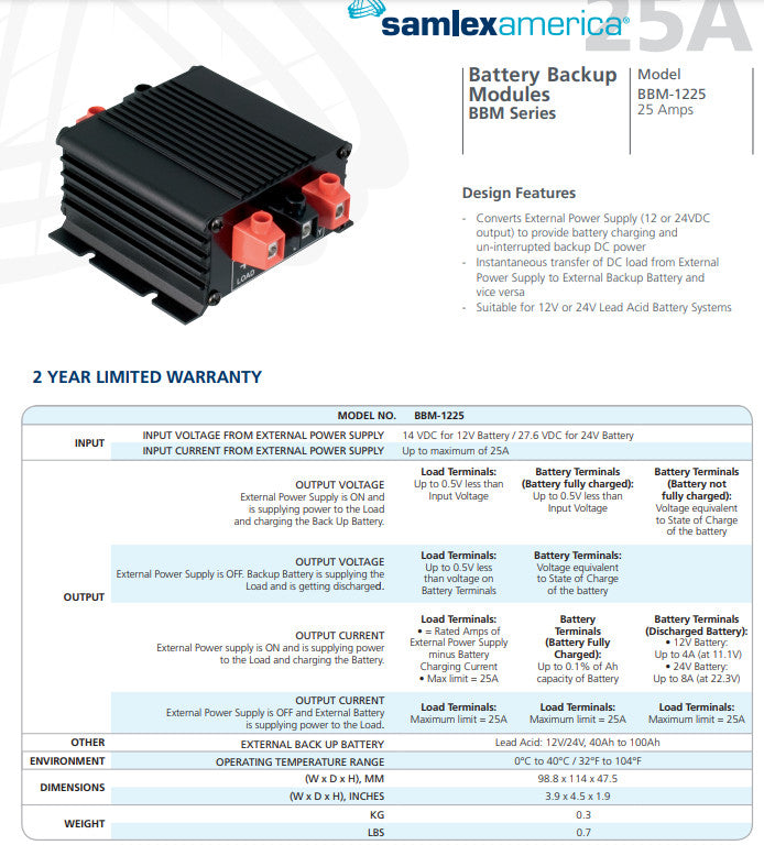 Samlex BBM-1225 Battery Backup Module  12/24V  25 AMPS