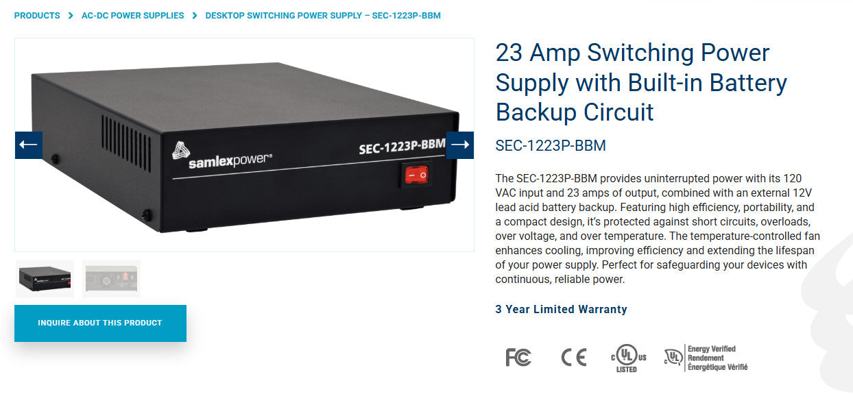 Samlex SEC-1223PBBM 12V 23AMP DC Power Supply with Battery Backup Option
