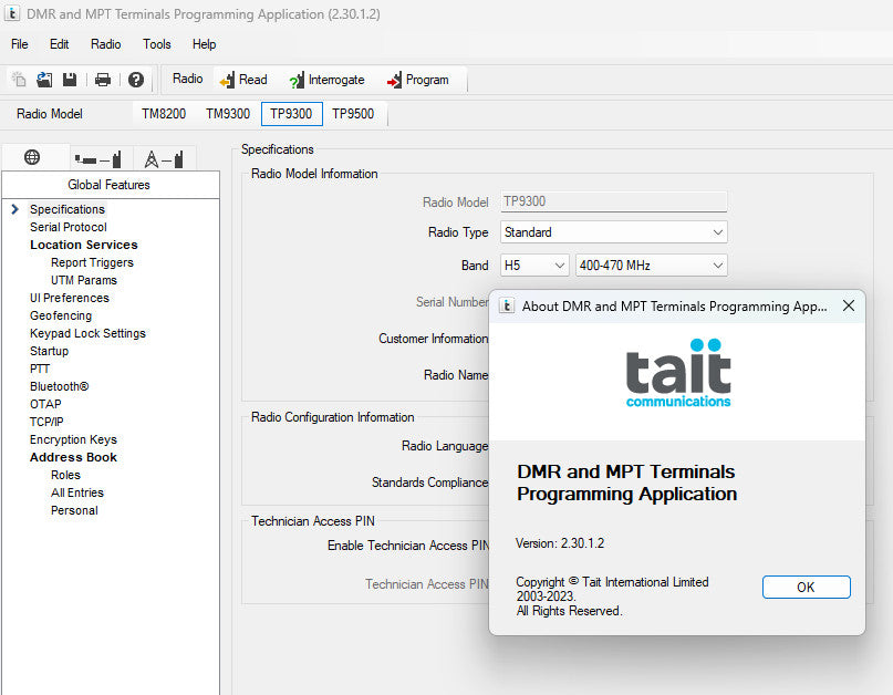 Tait Programming Software - TM8200 TM9300 TP9300 TP9500 TP9700 DMR MPT Alberta Radio Supply