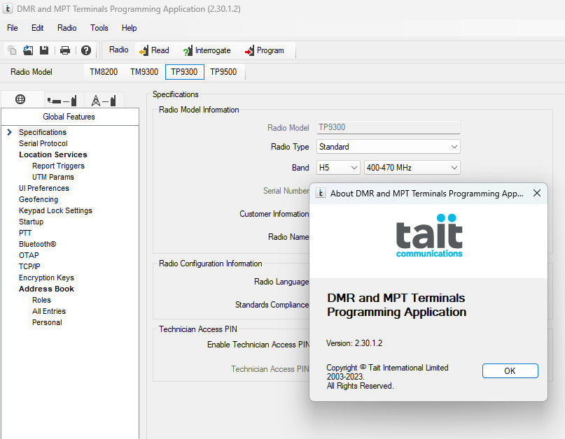 Tait Programming Software - TM8200 TM9300 TP9300 TP9500