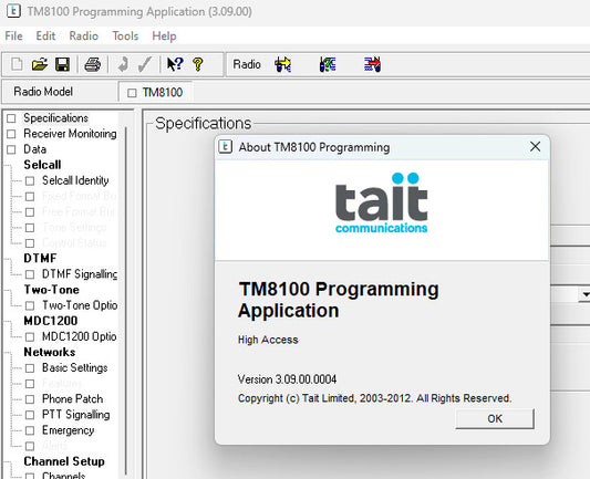 Tait Programming Software - TM8100 V3.09 Alberta Radio Supply