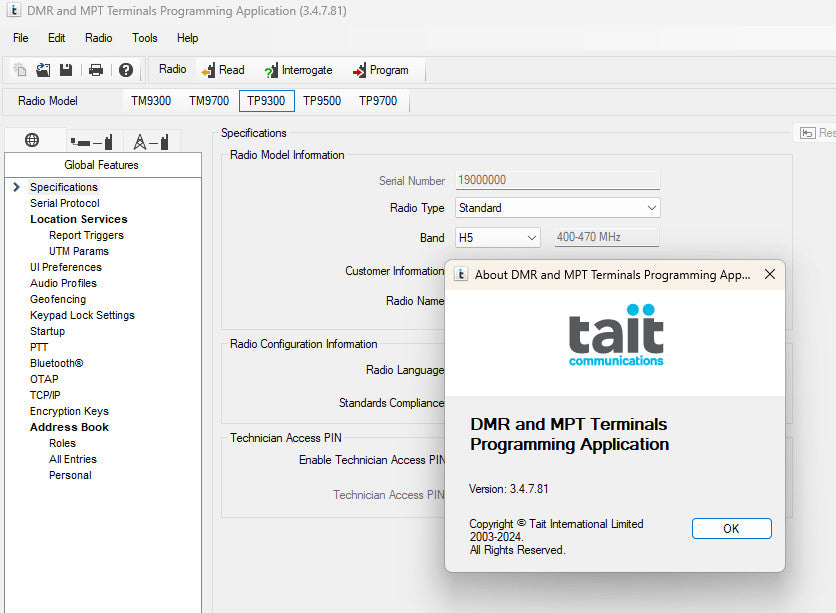 Tait Programming Software - TM8200 TM9300 TP9300 TP9500 TP9700 DMR MPT Alberta Radio Supply