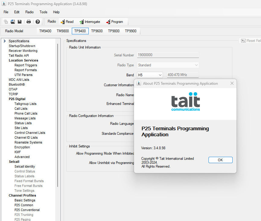 Tait Programming Software - TM9100 TP9100 TM9400 TM9800 TP9400 TP9600 TP9800 P25 Alberta Radio Supply