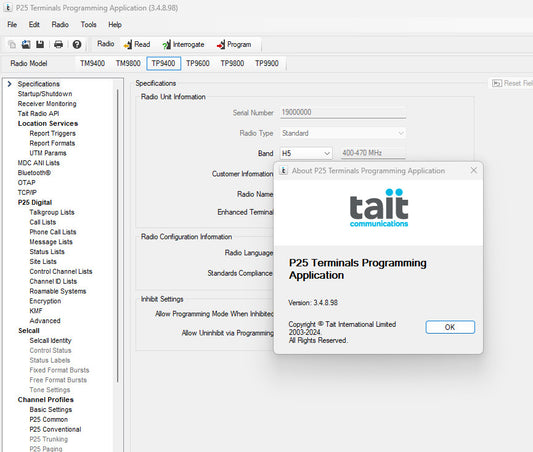 Tait Programming Software - TM9100 TP9100 TM9400 TM9800 TP9400 TP9600 TP9800 P25 Alberta Radio Supply