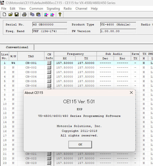 Vertex Programming Software  CE-115 V5.01 WB & NB  VX-4500 VX-4600 VX-450