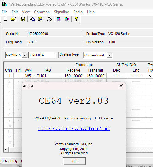 Vertex Programming Software  CE-64 V2.03 EIA WB + NB VX-410/420