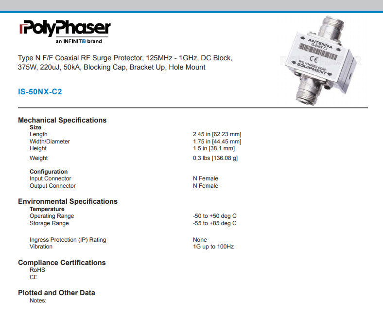 Polyphaser Polyphaser 900001 Coaxial Lightning Arrestor IS-50NX-C2 – Alberta Radio ...