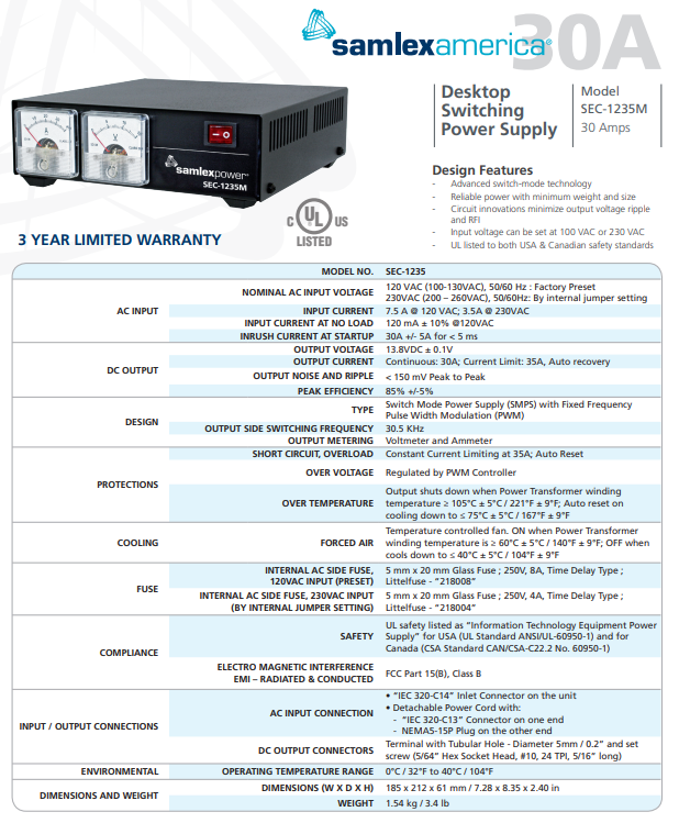 Samlex SEC-1235M 12V 30AMP DC Power Supply with Volt / AMP Meters