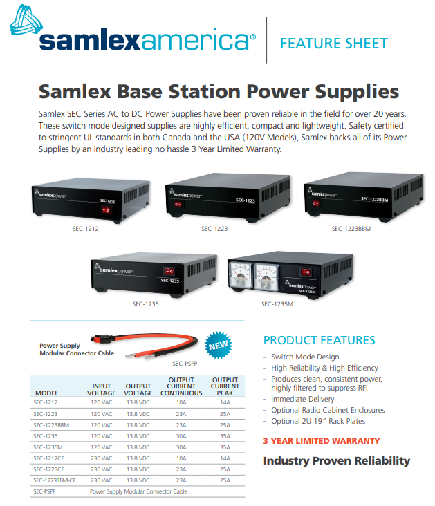 Samlex SEC-1235M 12V 30AMP DC Power Supply with Volt / AMP Meters