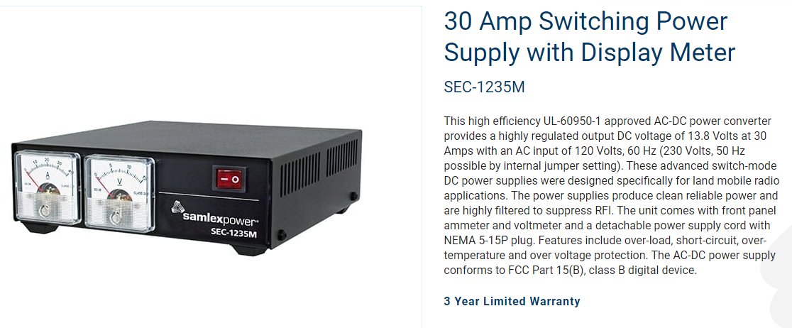 Samlex SEC-1235M 12V 30AMP DC Power Supply with Volt / AMP Meters