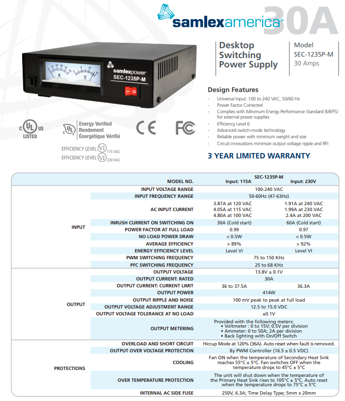 Samlex SEC-1235P-M 12V 30AMP DC Power Supply with Backlit Volt / AMP Meters Alberta Radio Supply